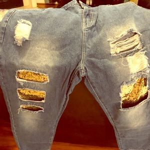 Gold sequin distressed jeans